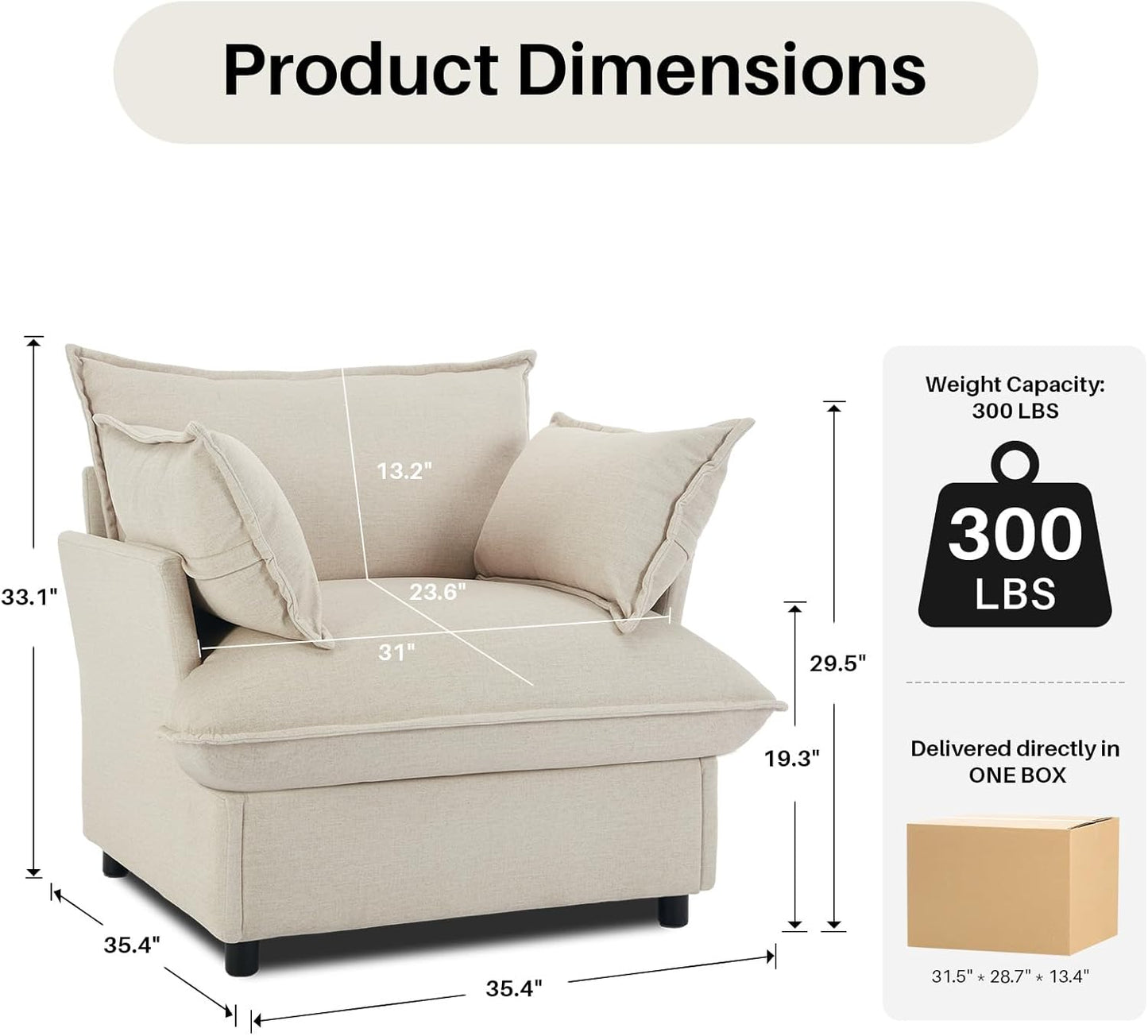 35.4" Wide Oversized Velvet Single Sofa Chair with 2 Pillows, Modern Upholstered Accent Chair Armchair for Livingroom Bedroom Apartment, Light Brown