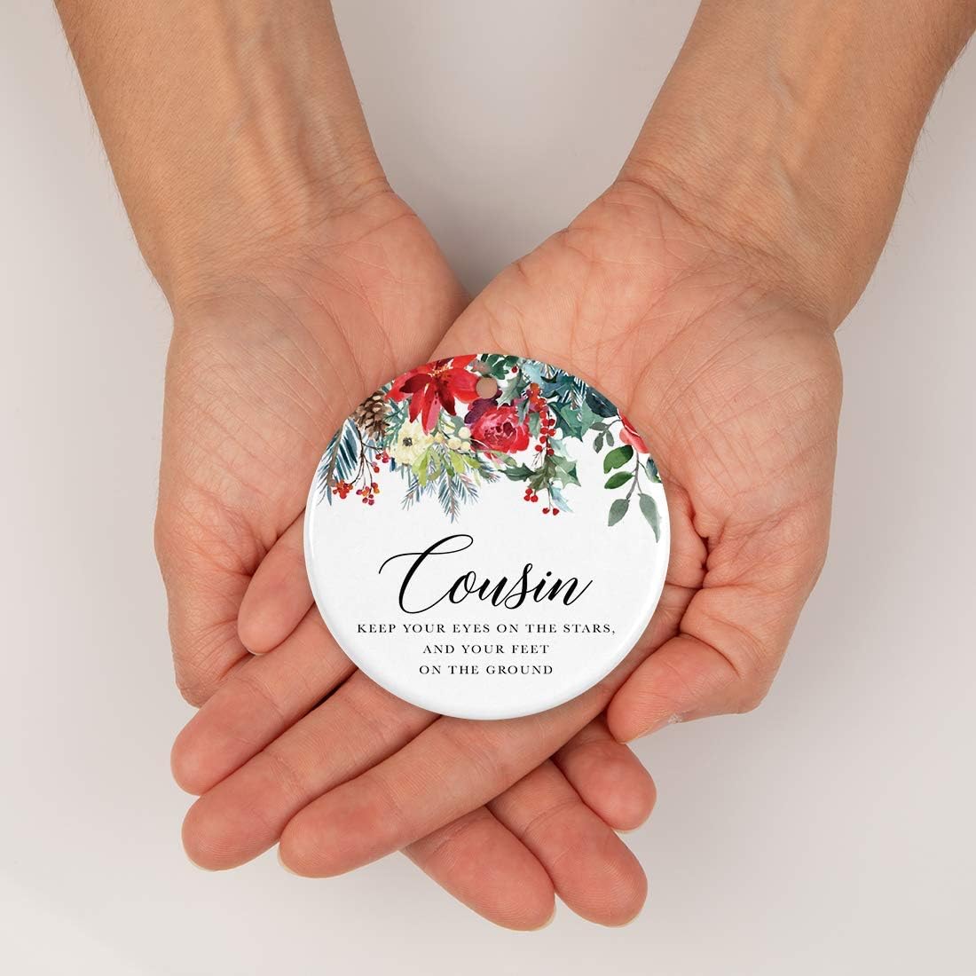 Andaz Press Round Ceramic Porcelain Christmas Tree Ornament Keepsake Gift for Cousins, Cousin Keep Your Eyes on The Stars, and Your Feet on The Ground, 1-Pack