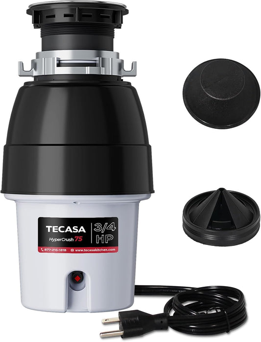 3/4 HP Corded Garbage Disposal for Kitchen Sinks, TECASA Continuous Feed Food Waste Disposer, Sound Reduction, Power Cord Included, Grey and Black - HyperCrush 75