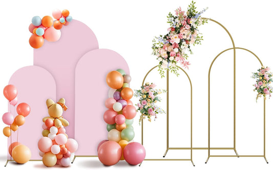 Arch Backdrop Stand and Cover Set, 3 Metal Balloon Arch Backdrop 4ft 5ft 6ft, Gold Arched Stand Frame for Wedding, Parties,Birthday, Backdrop Decorations (Pale Pink,4ft+5ft+6ft)