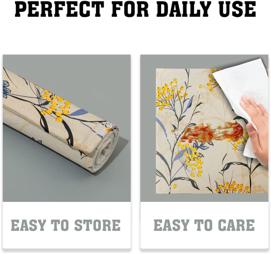 Floral Placemats Set of 4 Vintage Floral Summer Flowers Yellow Placemats for Kitchen Table Linen Placemats Washable Non-Slip Heat Resistant Place Mats for Party Kitchen Dining Decorations 18x12 Inch