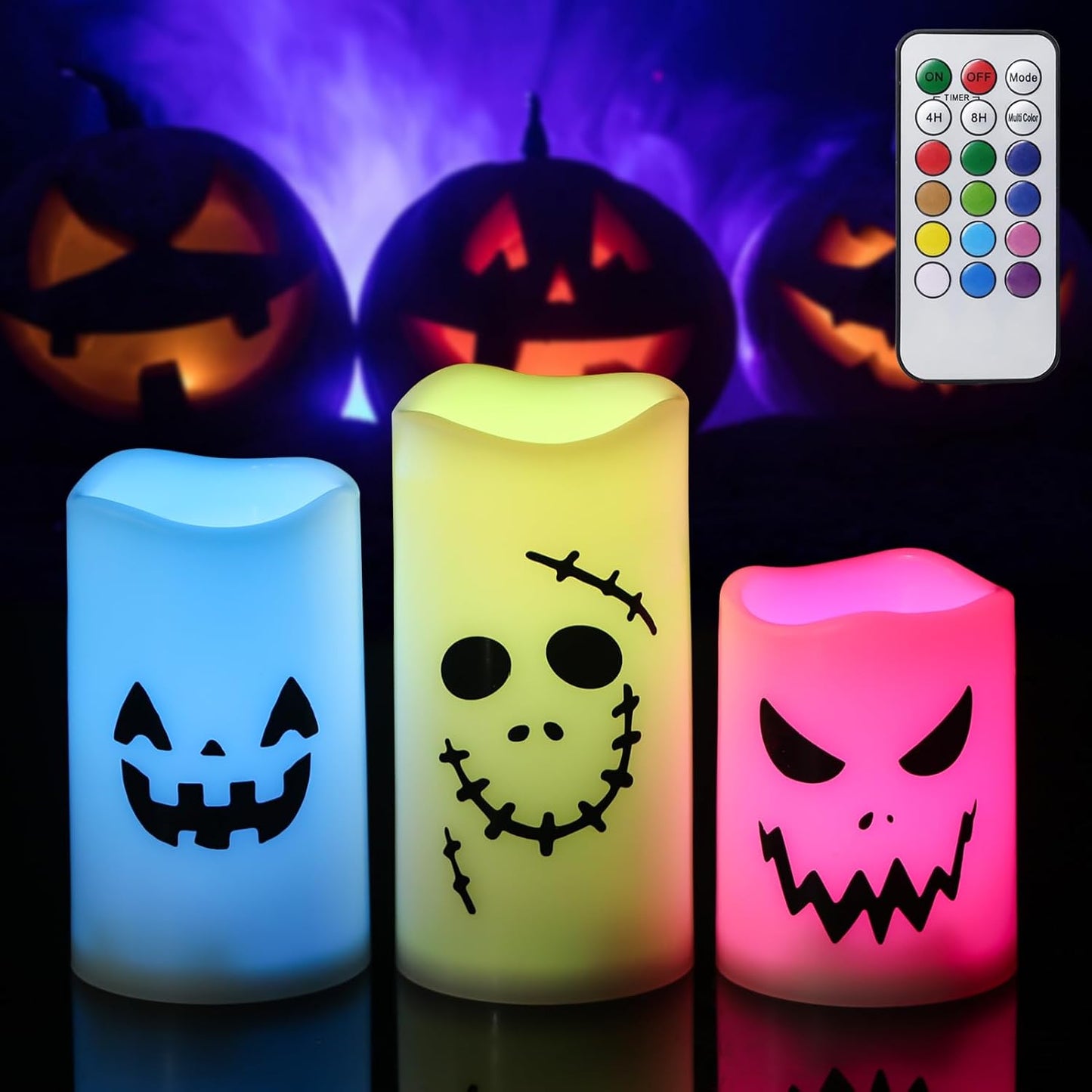 GenSwin Flameless LED Pillar Candles - Battery Operated, 12 Color Changing, Remote Timer, Perfect for Halloween, Fall Decor (3 x 4 x 5')