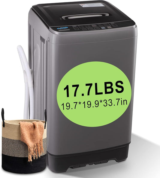 17.7 lbs Full Automatic Washing Machine with LED Display Compact Drain Dump, 10 Wash Programs and 8 Water Levels Ideal for Dorms, Apartments, RV, Grey (KB03-GREY6-3)