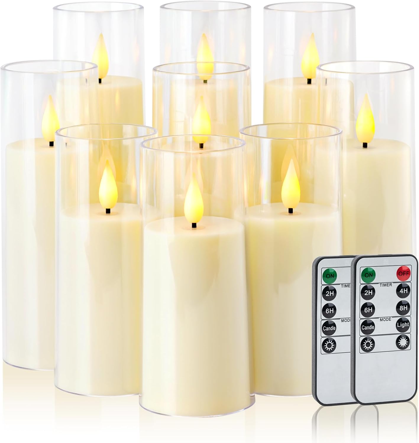 Amagic Ivory Flameless Candles with Remote, Battery Operated Candles with Timer, Acrylic Plexiglass Flickering LED Fake Candle for Wedding, Holiday, Home Decor, Set of 9, D2.2 x H5 6" 7"