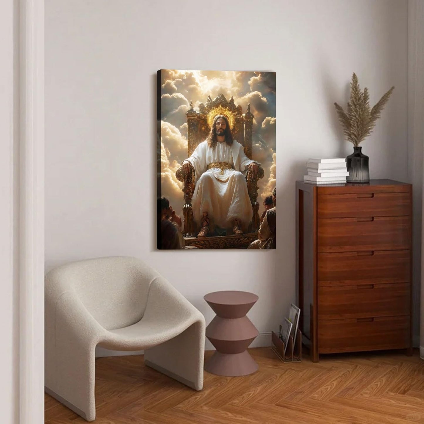 Framed Canvas Wall Art Painting Jesus Sitting on the Throne Religious Poster Faith Revelation Gallery Picture Print for Living Room Bedroom Church Decor 12x16 Inch Ready to Hang