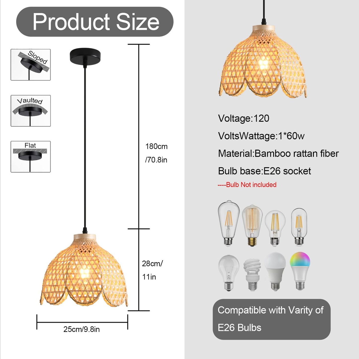 3-Pack Boho Pendant Light Fixture 9.8" Bamboo Hanging Light Mini Rattan Pendant Light,Woven Wicker Shade Rattan Chandelier for Dining Living Bedroom Kitchen Farmhouse