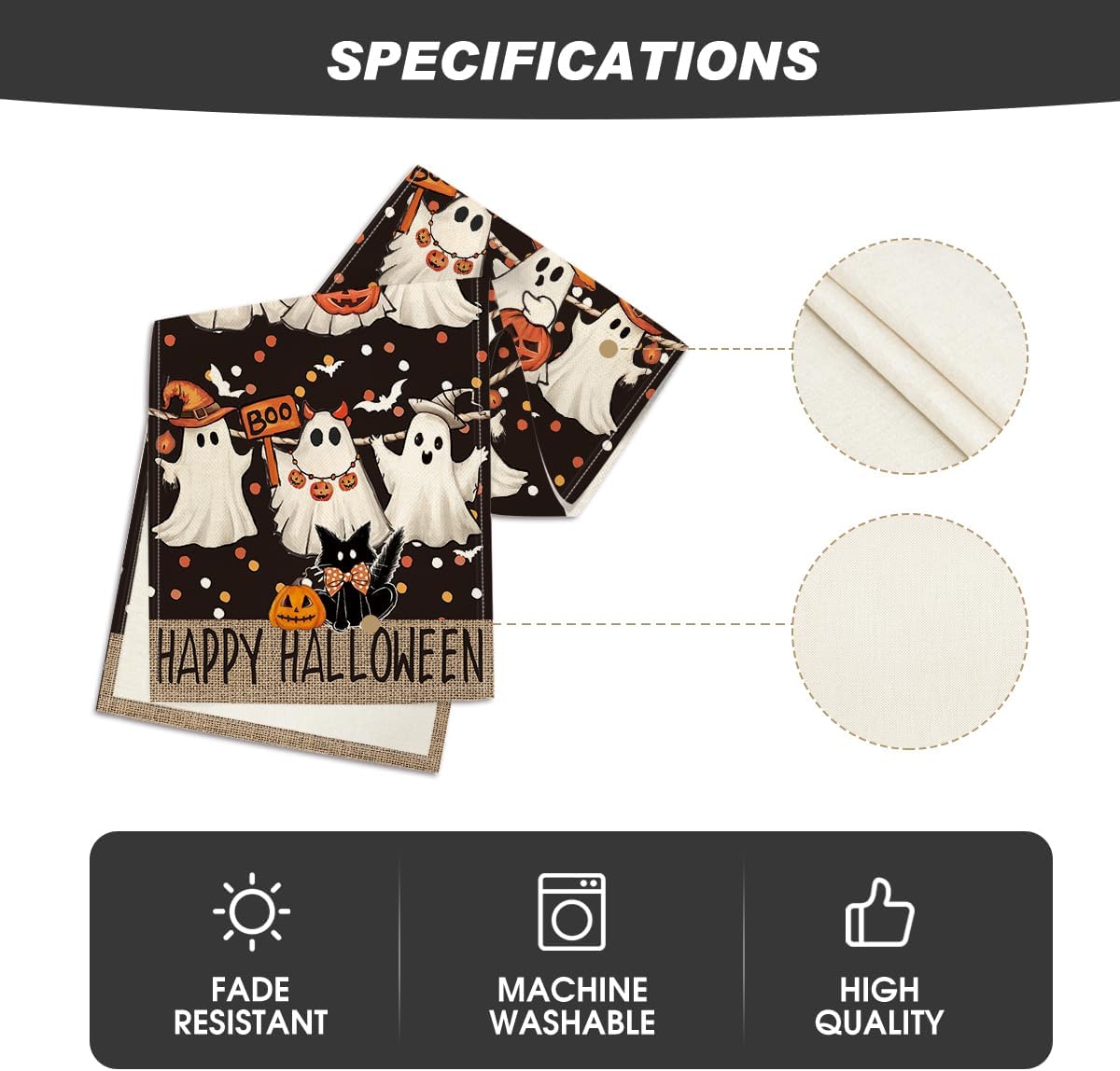 Artoid Mode Ghost Jack-O'-Lantern Black Cat Halloween Table Runner,Holiday Kitchen Dining Table Decoration for Home Party Decor 13 x 90 Inch