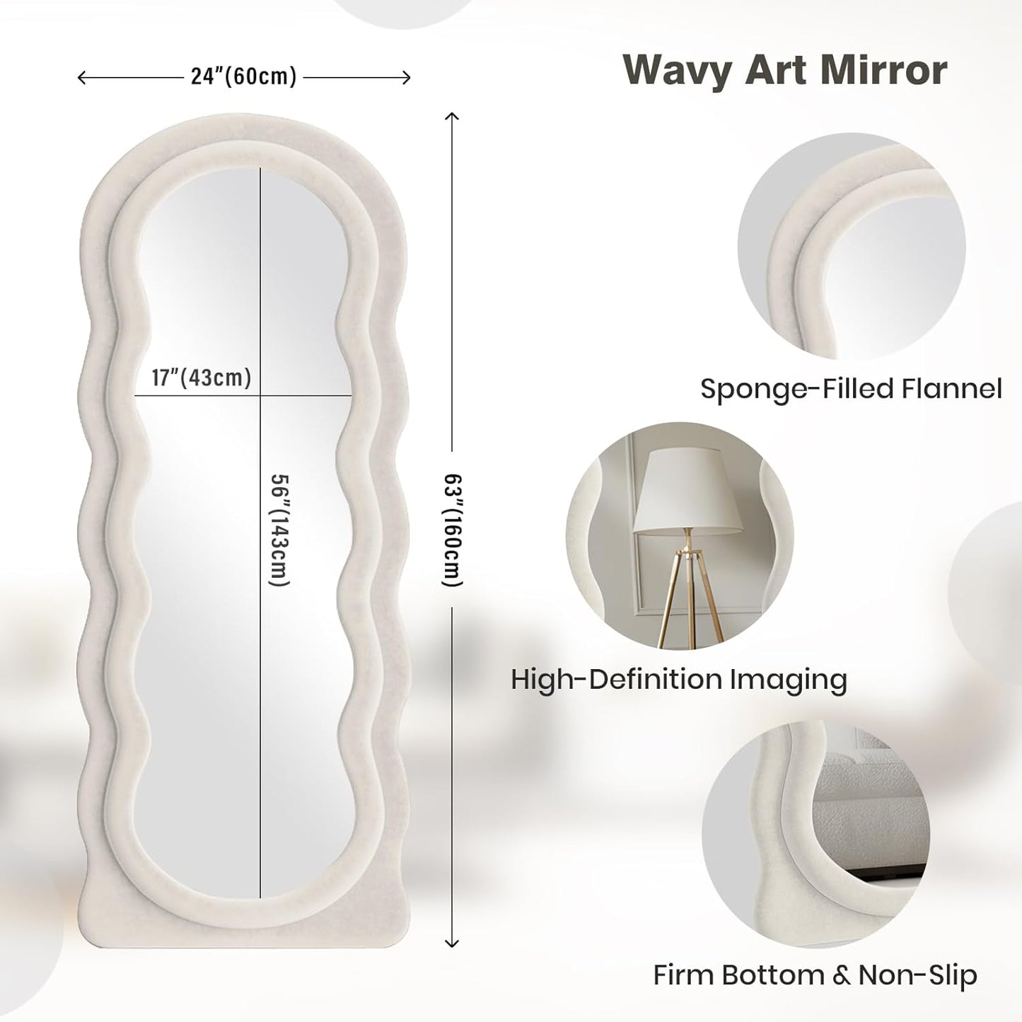 Full Length Mirror 63"x24" Arched Wavy Full Body Wall Mounted Floor Mirror with Stand Ivory Flannel Frame Leaning Hanging Wall Mirror for Bedroom Entrance