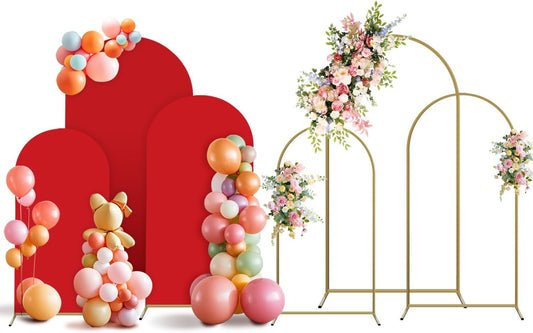 Arch Backdrop Stand and Cover Set, 3 Metal Balloon Arch Backdrop 4ft 5ft 6ft, Gold Arched Stand Frame for Wedding, Parties,Birthday, Backdrop Decorations (Red,4ft+5ft+6ft)