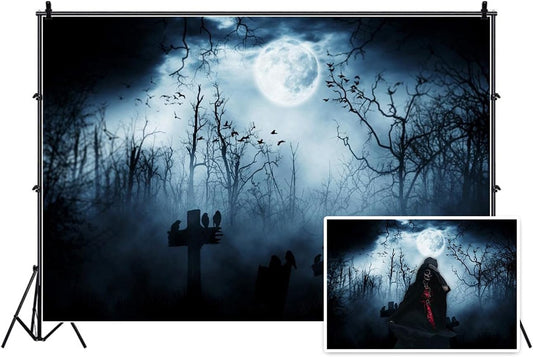 AOFOTO 12x10ft Moon Night Halloween Cemetery Photography Backdrop Flying Bats Birds Stand on Gravestone Cross Graveyard in Dark Forest Photo Background Cloth Vinyl Wallpaper Photo Studio Props