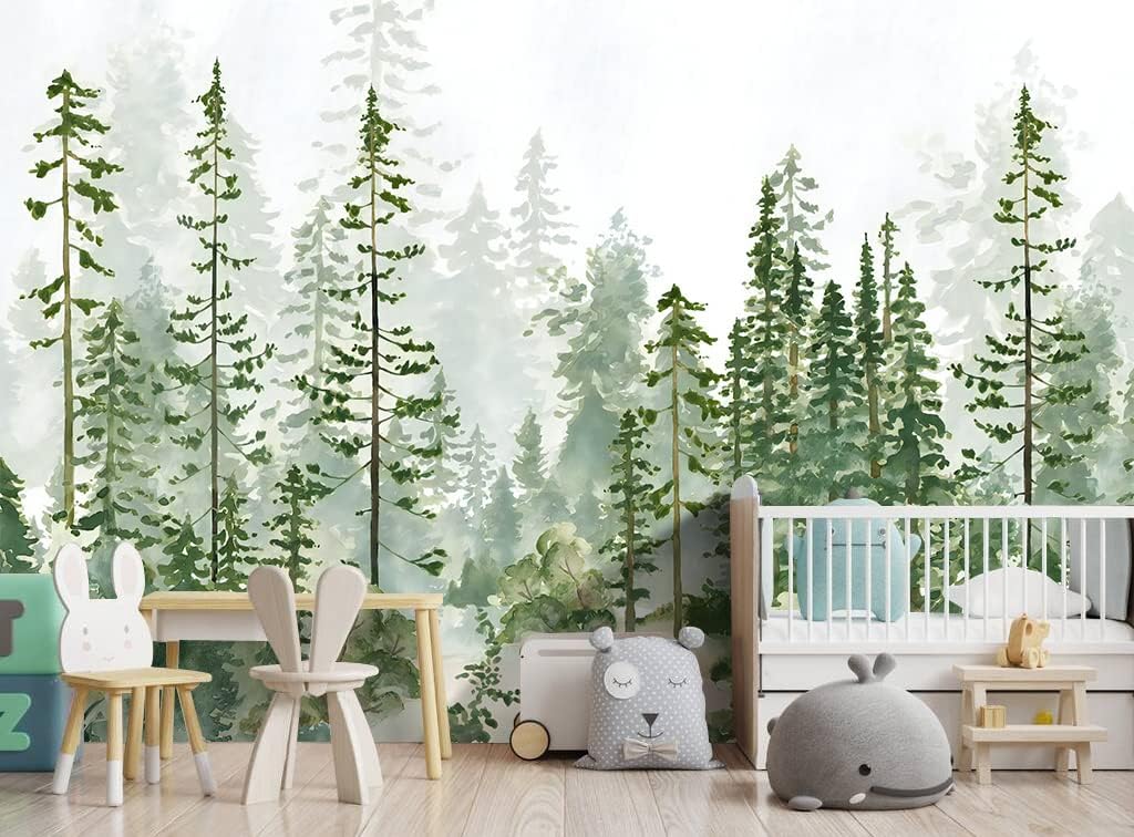 Boys or Girls Cartoon Pine Tree Forest wallpeper Nursery Kids Bedroom Wall Mural - 137"x96"（Not Peel and Stick）