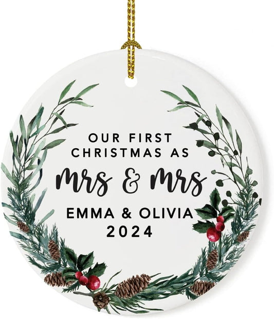 Andaz Press Personalized Our First Christmas As Mrs. & Mrs. 2025 Christmas Ornaments Holly & Pinecone Wreath 2.8" Round Porcelain Ceramic Lesbian Married Couple Gay Women Wedding Keepsake 1-Pack