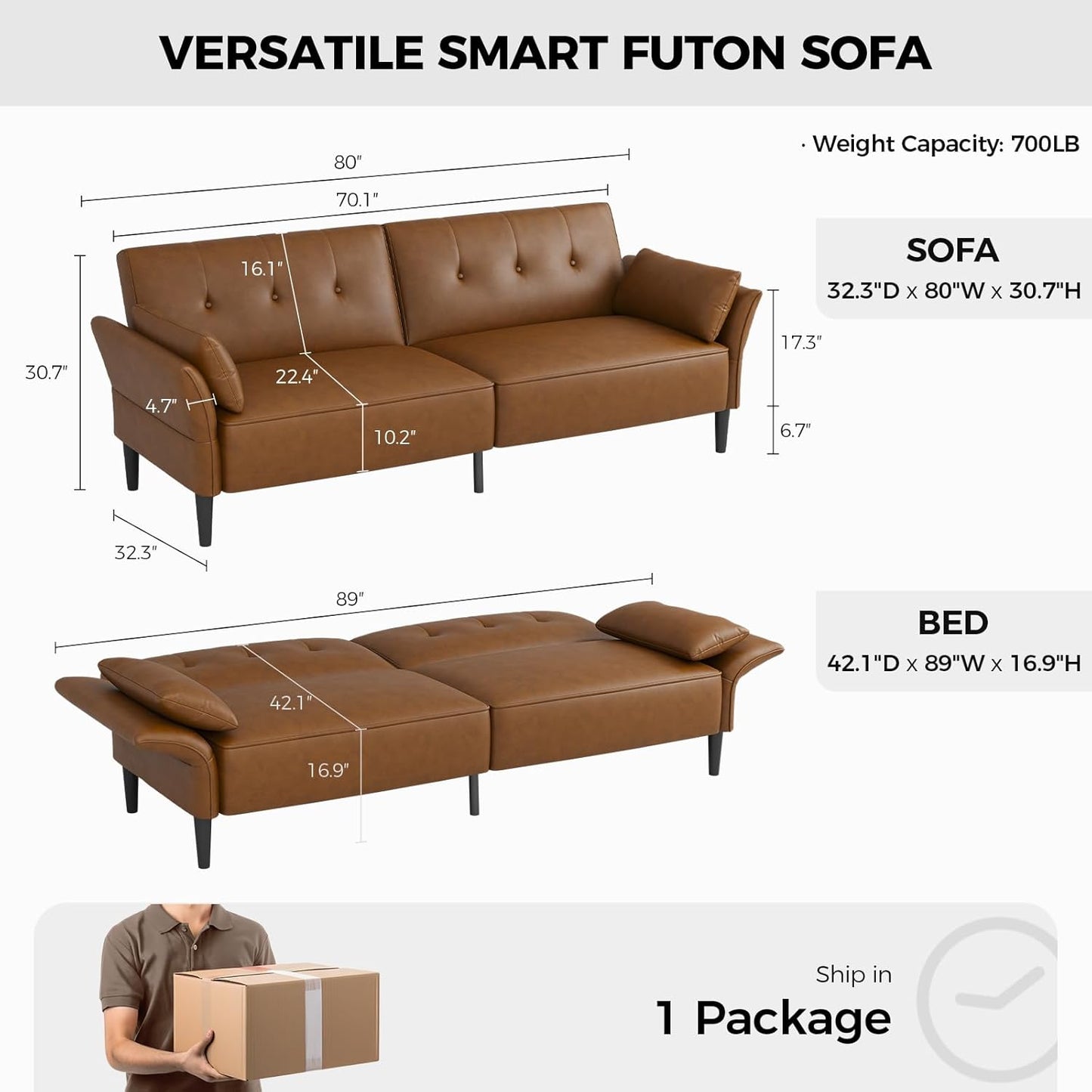 89” Futon Sofa Bed, Faux Leather Futon Couch Bed with 2 Square Pillows, Convertible Sleeper Sofa with Adjustable Backrest& Armrests, Modern Loveseat Sleeper for Living Room, Bedroom, Brown