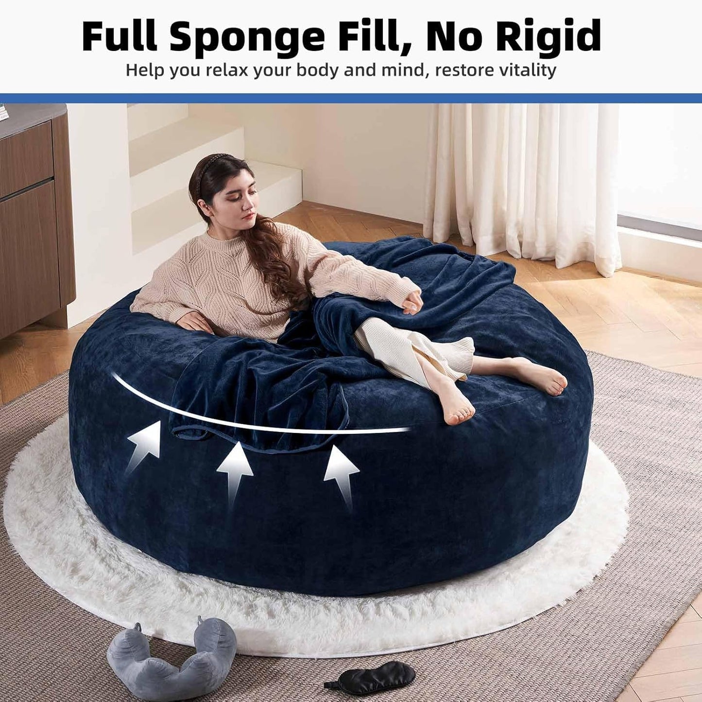 6FT,Oversized Bean Bag Chairs for Adults,Giant beanbag with Filler Included，Fluffy Memory Foam,Soft and Comfy Corduroy Fabric,Gaming Chairs Suitable for Living Room and Bedroom (Blue, 6 Foot)