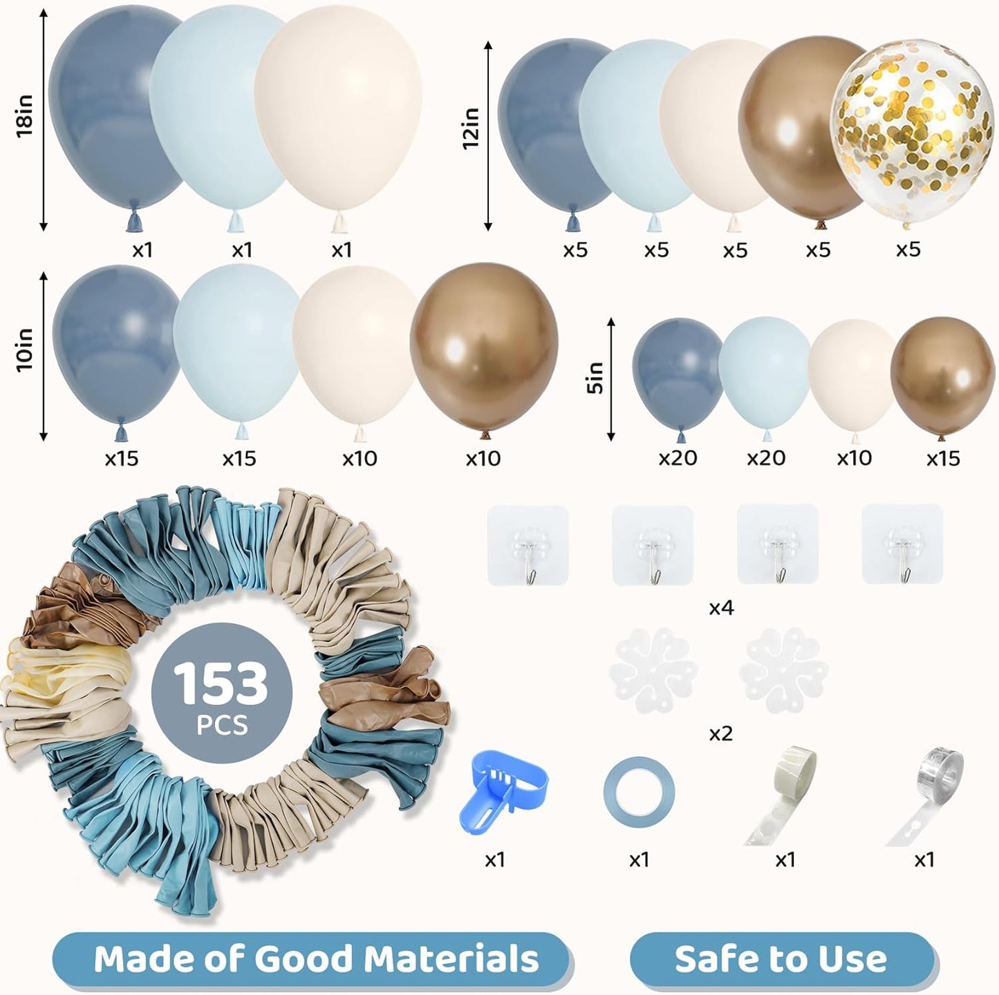Amandir 153pcs Dusty Blue Balloon Garland Arch Kit, Different Sizes 18 12 10 5 inch Blue White Sand Latex Metallic Confetti Gold Balloons for Boys Birthday Boho Baby Shower Party Decoration Supplies