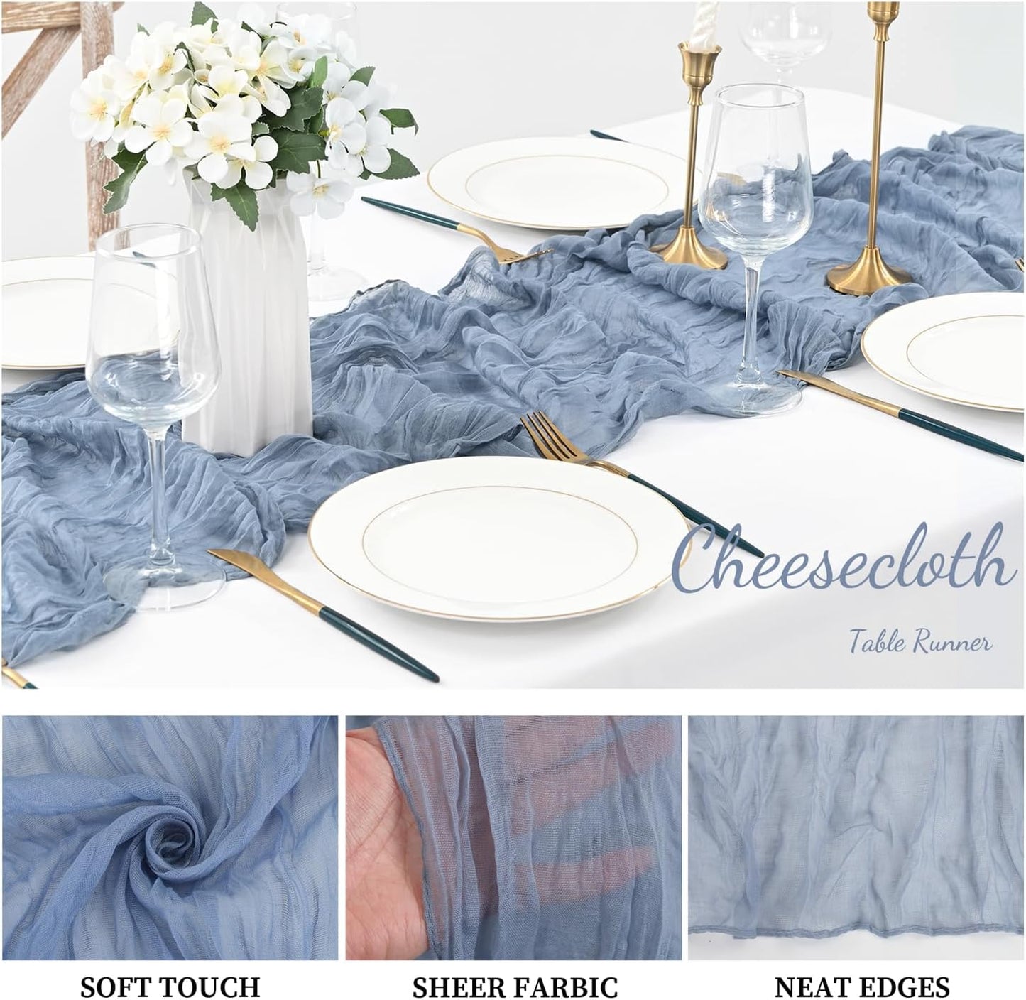 6 Pack Dusty Blue 10FT Cheesecloth Table Runner Rustic Gauze Fabric Cheese Cloth Table Runner for Wedding Bridal Baby Shower Table Decor 20 x 120 Inch Long Boho Sheer Birthday Party Table Decorations