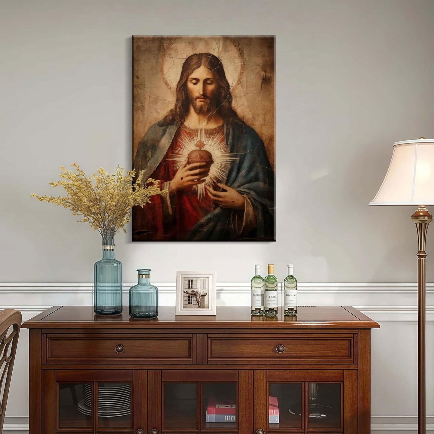Framed Jesus Sacred Heart Canvas Painting Wall Art Christian Religious Poster Inspirational Bible Art Gallery Style Print for Bedroom Church Home Decor 24X36Inch Ready to Hang