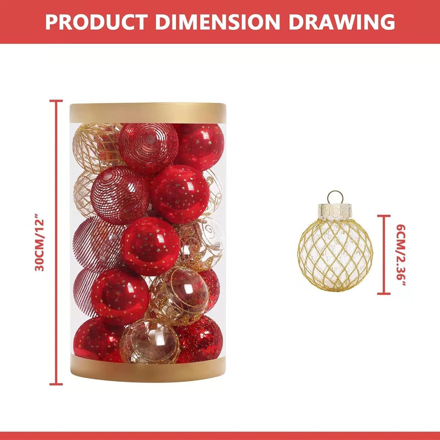 25PCS Christmas Ornaments Set, 2.36"/6CM Clear Plastic Shatterproof Christmas Ball Hanging Ornaments for Xmas Tree Decorations, for Indoor Home Party Holiday Decor - Red/Gold.