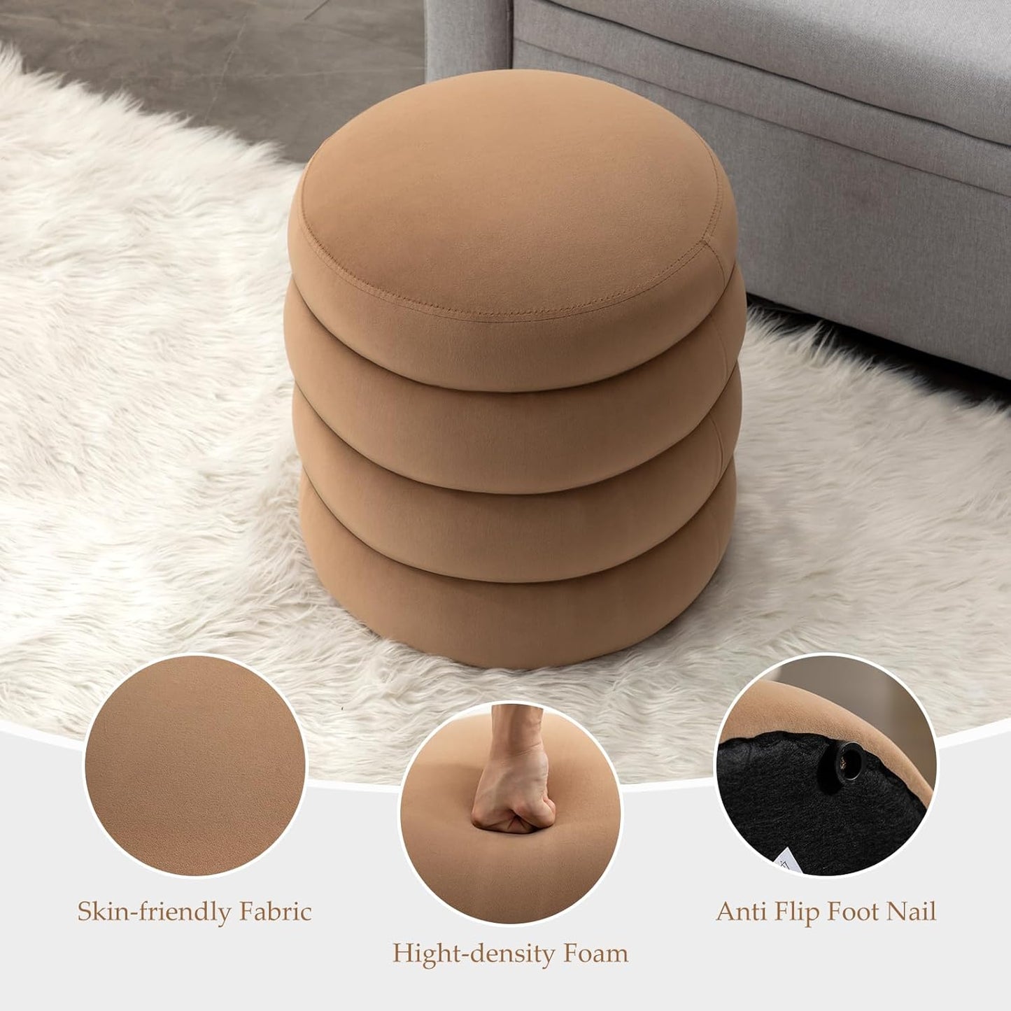 Furniliving Modern Round Ottoman, Soft Bedroom Ottoman Footstool Round Ottomans Stool for Living Room, Makeup Room, Coffee, Velvet