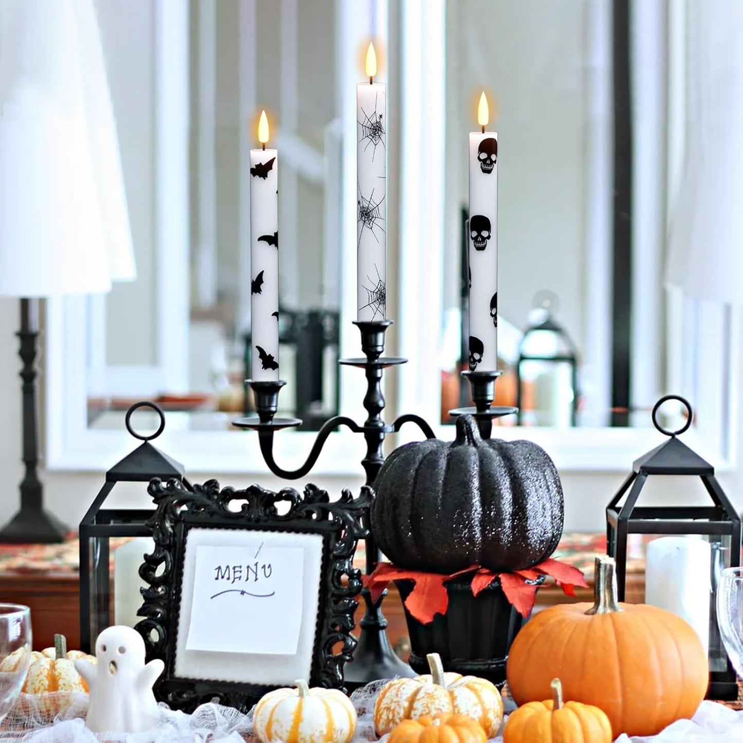 GenSwin Flameless Taper Candles with Remote Timer, 6Pcs LED Flickering Taper Candles Battery Operated Real Wax with Spider Webs/Skull/Bats Decals for Halloween Spooky Decoration (White, 0.78”x9.65”)