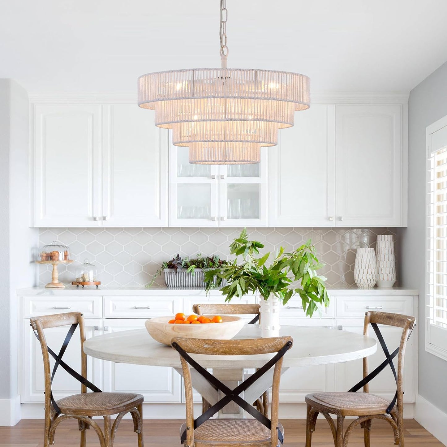 6-Lights 20" Hand-Woven Rattan Pendant Light Coastal 4 Round Transitional Minimalist Boho Large Pendant Light, for Kitchen Island Dining Room Living Room Hallway, White, UL Listed