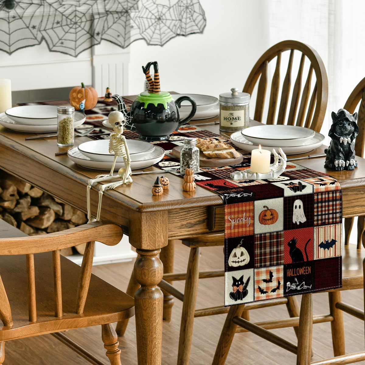 Artoid Mode Black Cat Bat Pumpkin Spooky 210 GSM Halloween Table Runner, Ghost Kitchen Dining Table Decoration for Home Party Decor 13x90 Inch