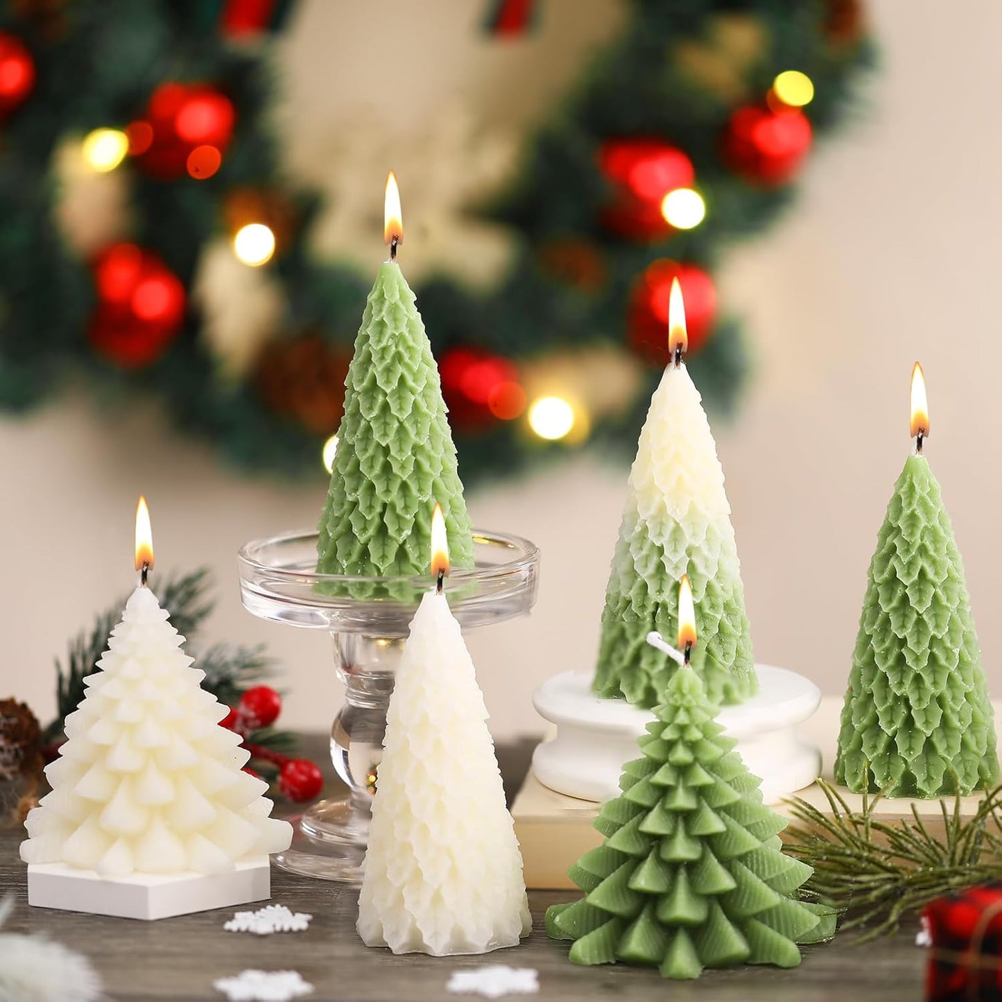 6 Pcs Christmas Tree Shaped Candles Xmas Wax Scented Candles White Green Decorative Christmas Tree Gifts for Xmas Eve Winter Holiday Party New Year Bedroom Room Table Decor, 3 Assorted Styles