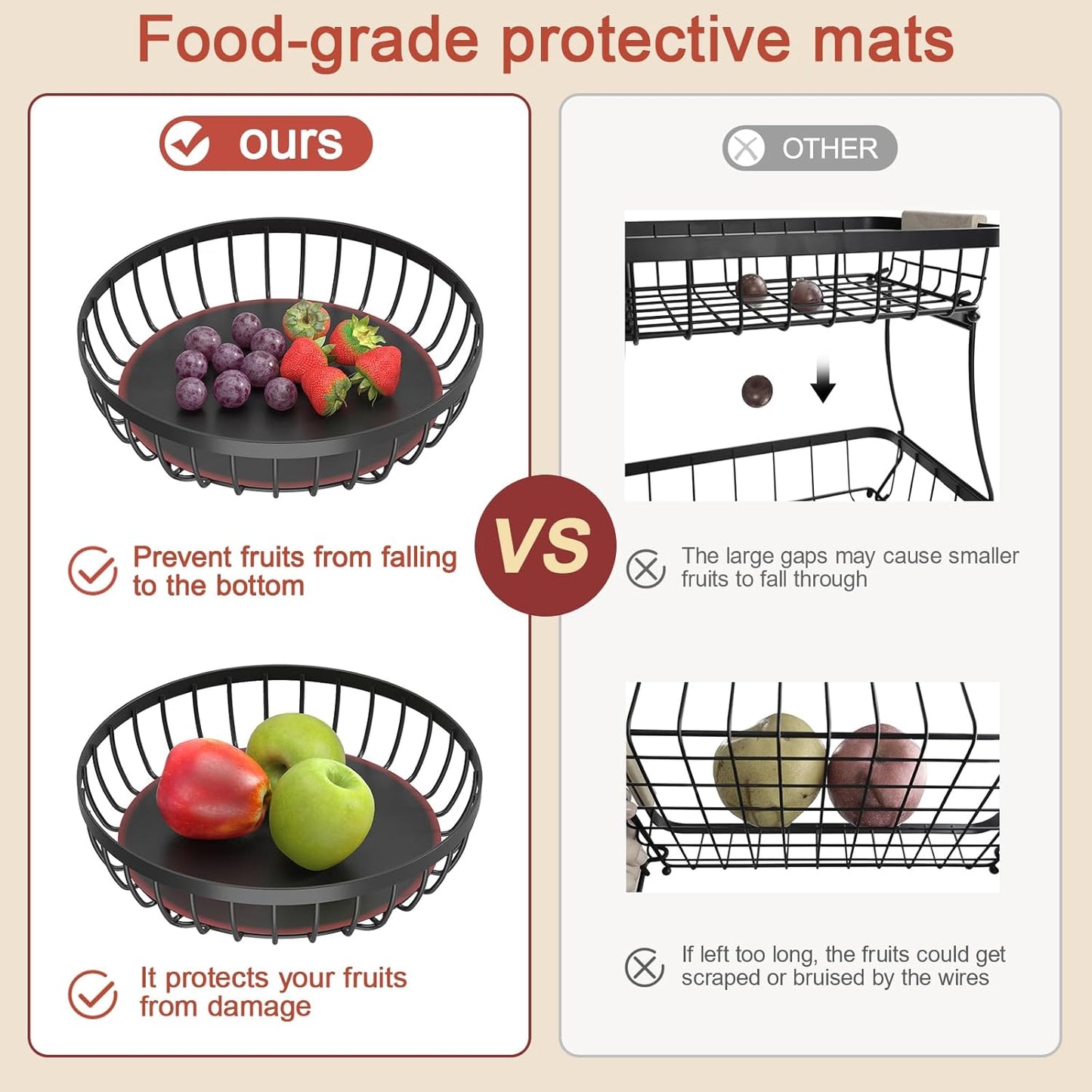 2 Tier Fruit Basket for Kitchen Counter with 2 Banana Hangers, Metal Stackable Fruit Bowl for Kitchen Counter for Bread Vegetable Fruits, Black