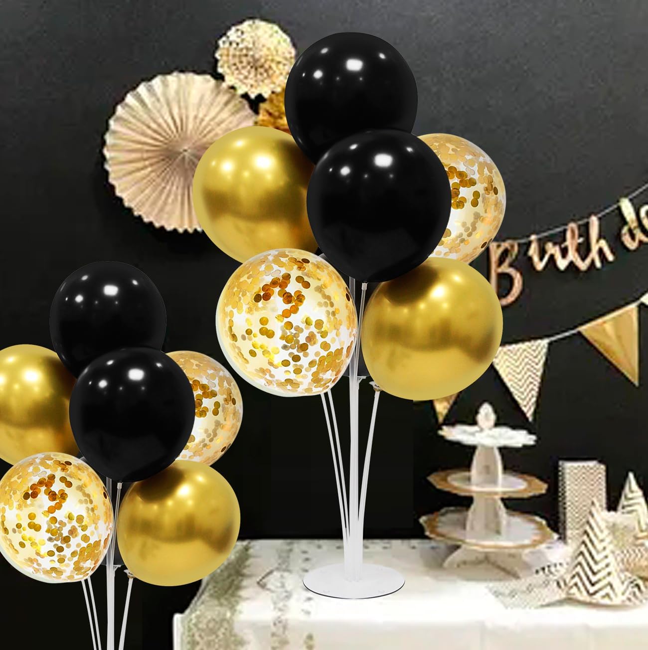 Black and Gold Party Decorations Balloon Stand Table Centerpieces for Birthday Wedding Retirement Anniversary Father's Day Halloween New Years Graduation Decorations 2025 (Black gold set4)
