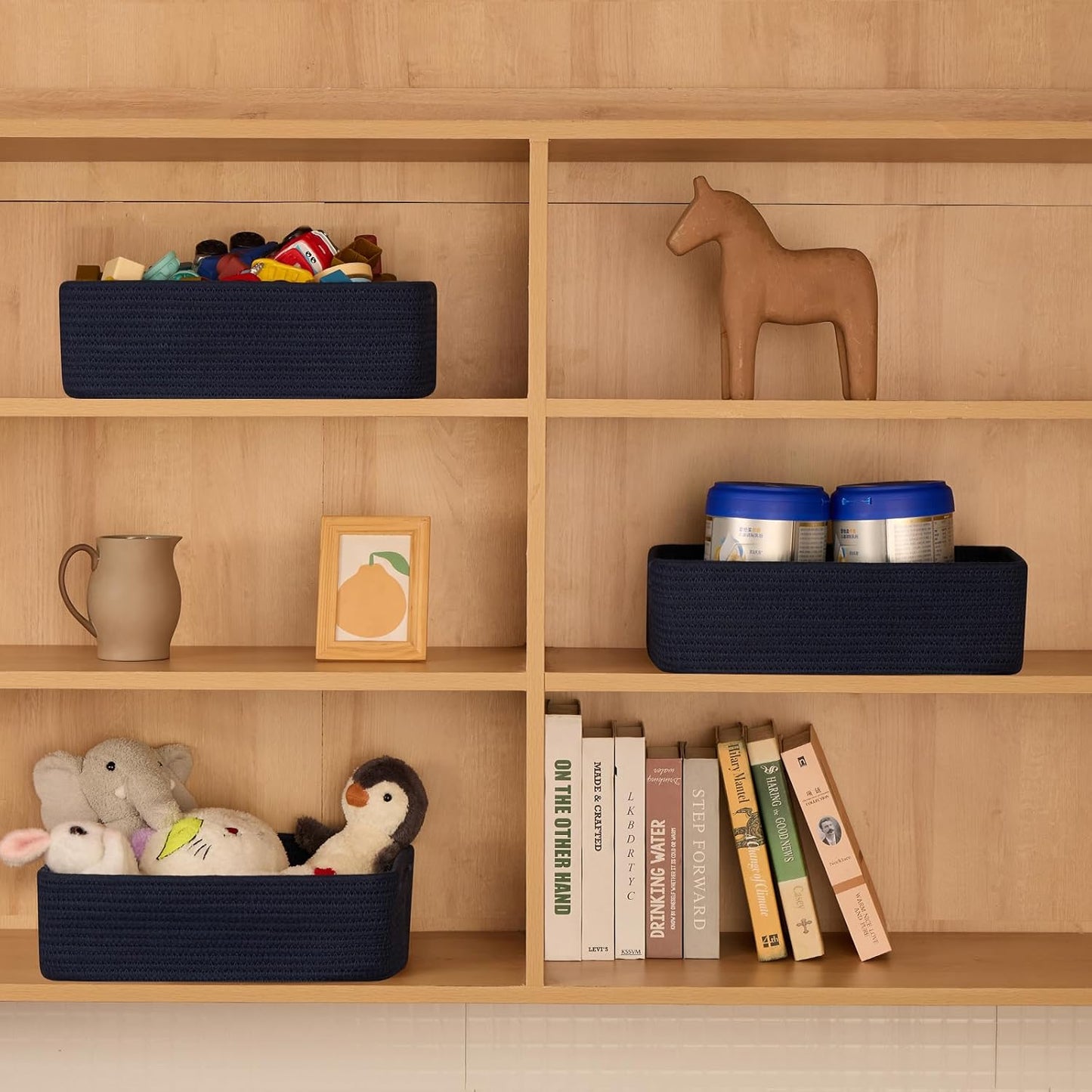 Large Shallow Organizing Baskets 15x11x5.1 Inches - Rope Woven Storage Bins for Bathroom, Shelves, Cube Closet, Navy Blue 2 Packs