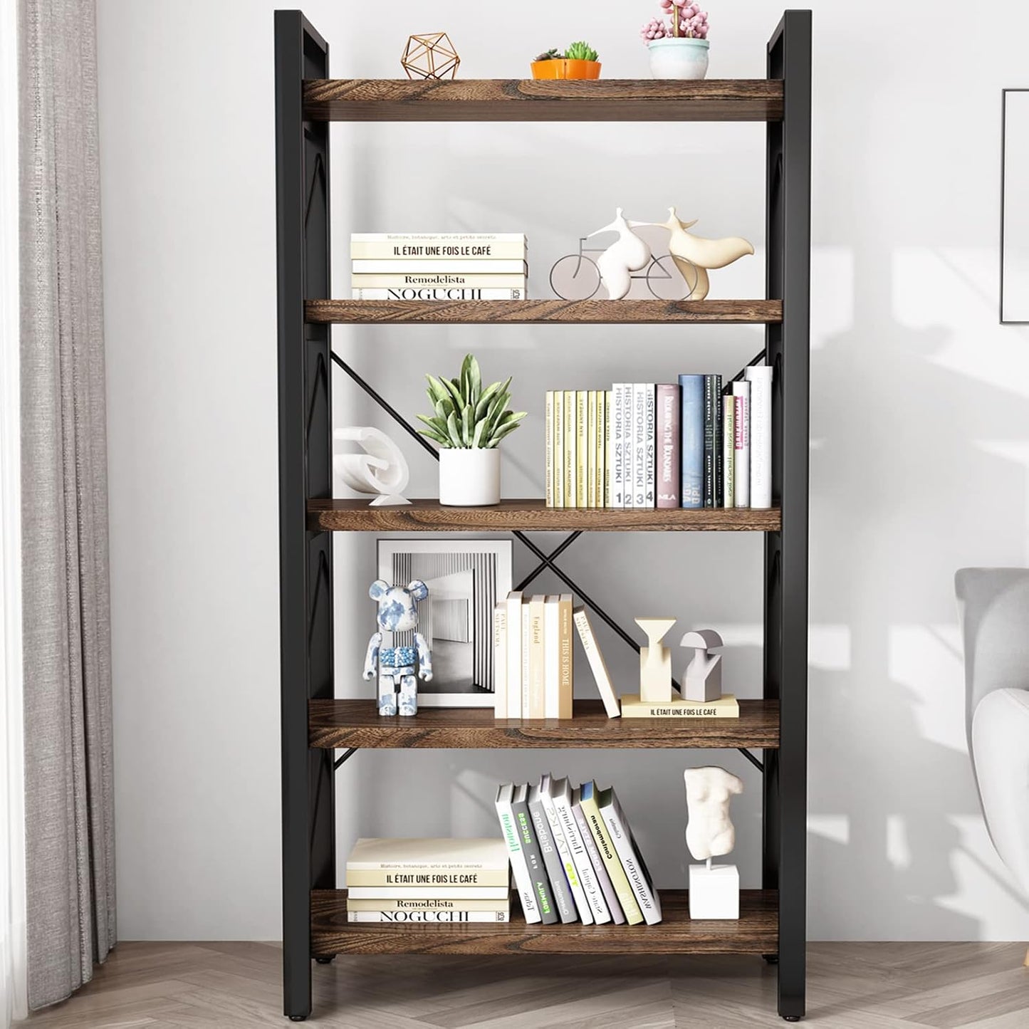 5 Tier Bookshelf Rustic Solid Wood Industrial Style Bookcase,Metal and Real Wood Vintage Bookshelf,Book Shelves Home Office, Retro Brown,Dark Matching credenza(LZ01-05tier) (5Tiers)