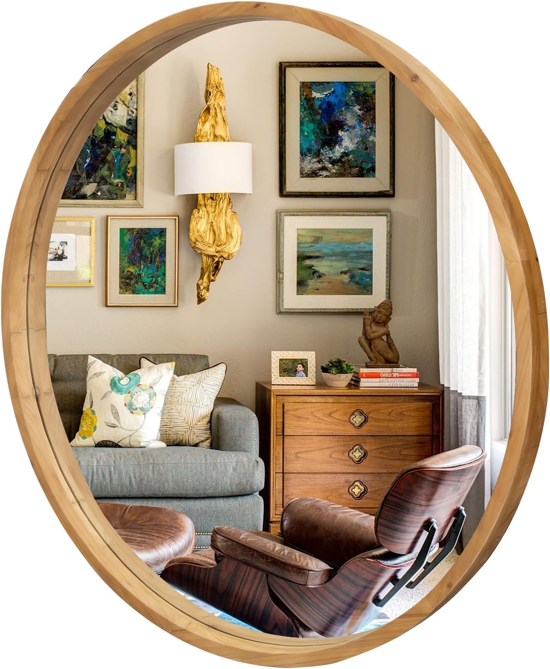 36" Bathroom Mirror, Round Wall Mirror with Wood Frame, Farmhouse Mirror for Wall Decor, Wall-Mounted Mirror for Bedroom, Living Room, Wood