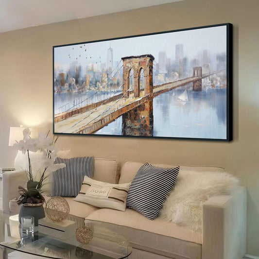 Arjun Brooklyn Bridge Canvas Wall Art Abstract Skyline New York City Painting Modern NY Cityscape Picture Textured Artwork for Bedroom Living Room Bathroom Home Office Wall Decor Framed Large 48"x24"