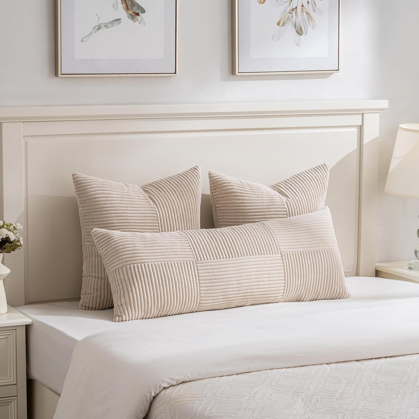 Fancy Homi 2 Packs Tan Decorative Throw Pillow Covers 20x20 Inch for Living Room Couch Bed Sofa, Farmhouse Boho Home Decor, Soft Corss Corduroy Patchwork Accent Square Beige Cushion Case 50x50 cm