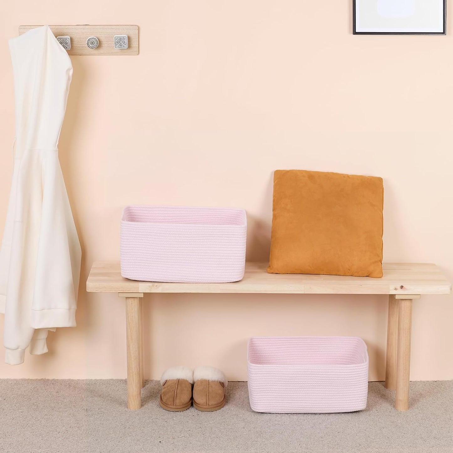 Large Storage Baskets for Shelves, Closet Organizers Bins for Clothes Blanket Towels, Baby Nursery, Toy Baskets Box, Woven Rope Baskets, 17 x 13 x 7.5”, 2 Packs Light Pink