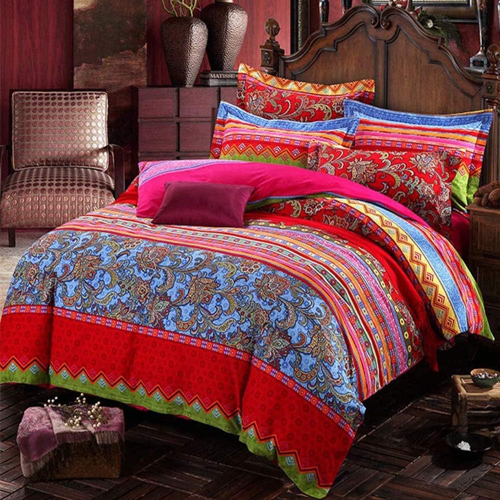 ABREEZE Bohemian Duvet Cover Set Colorful Red Boho Retro Bedding Set Damask Paisley Cotton Duvet Cover Tribal Reversible Bedding Exotic Style Comforter Cover 3-Piece Full
