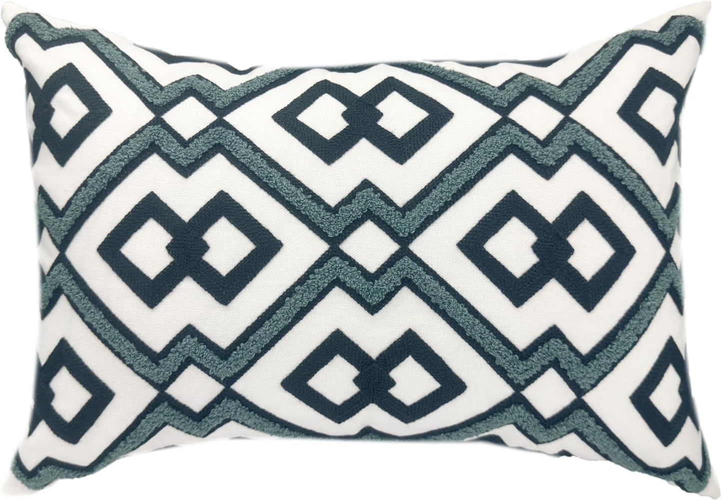 Alysheer Embroidered Lumbar Decorative Throw Pillow Cover 12"x 20", Classic Boho Geometric Embroidery Pattern Cotton Rectangular Cushion Case for Sofa Couch Living Room Bedroom (Navy Aqua)