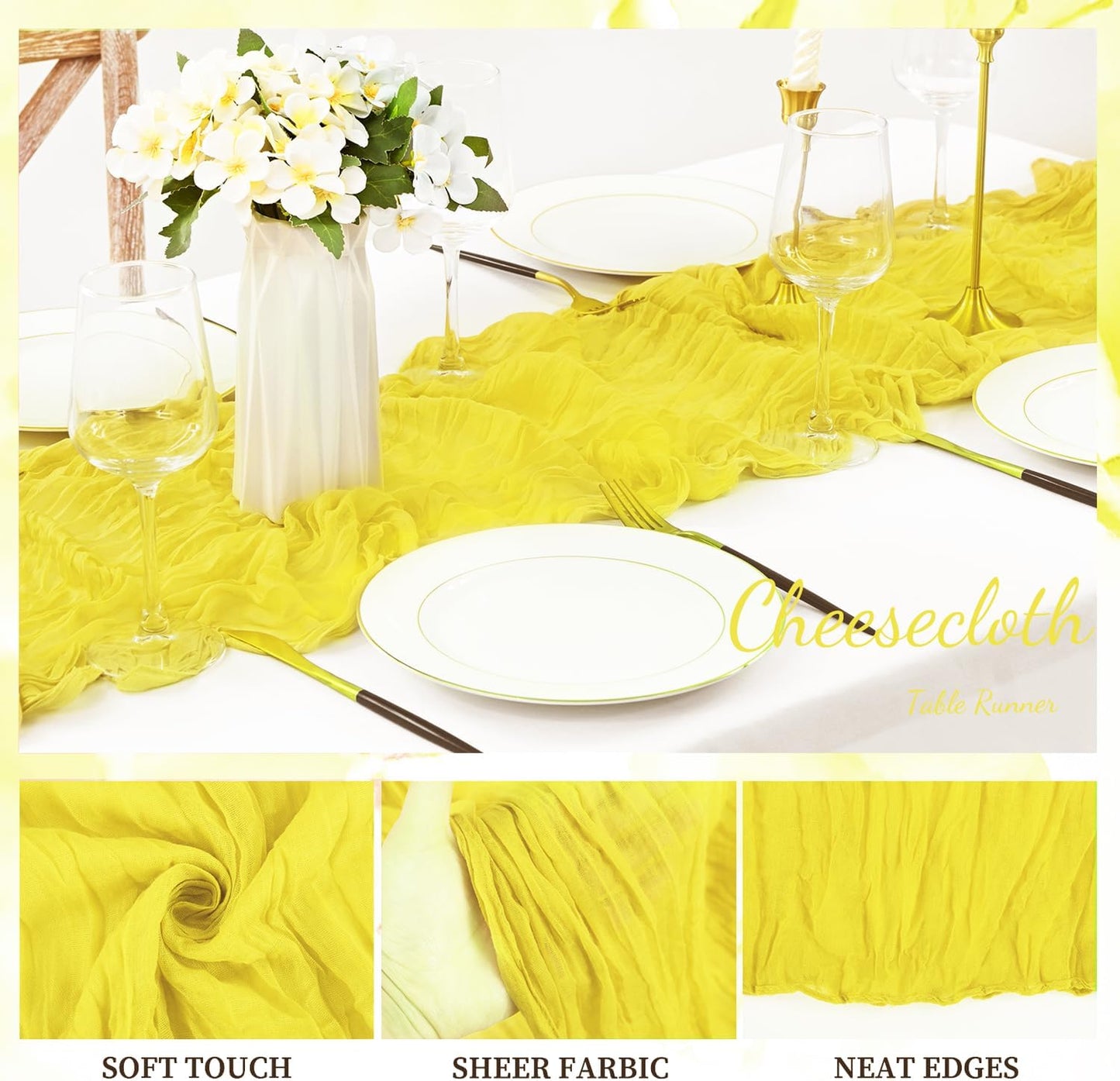 20 Pack Yellow Cheesecloth Table Runner 20 x 120 Inch Long Rustic Gauze Cheese Cloth Table Runner for Wedding 10FT Bridal Baby Shower Table Decorations Boho Fabric Sheer Birthday Party Table Decor