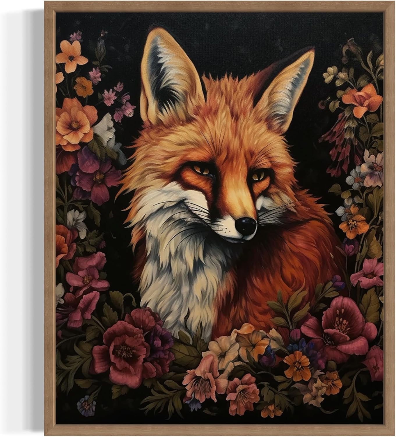 Fox and Flower Poster Art Print, Halloween Scary Vintage Wall Art Academia Spooky Painting Decoration for Horror Prints, Gothic Posters Bedroom Decor 89 (Fox and Flower, 11 x 14 inches, Wood Frame)