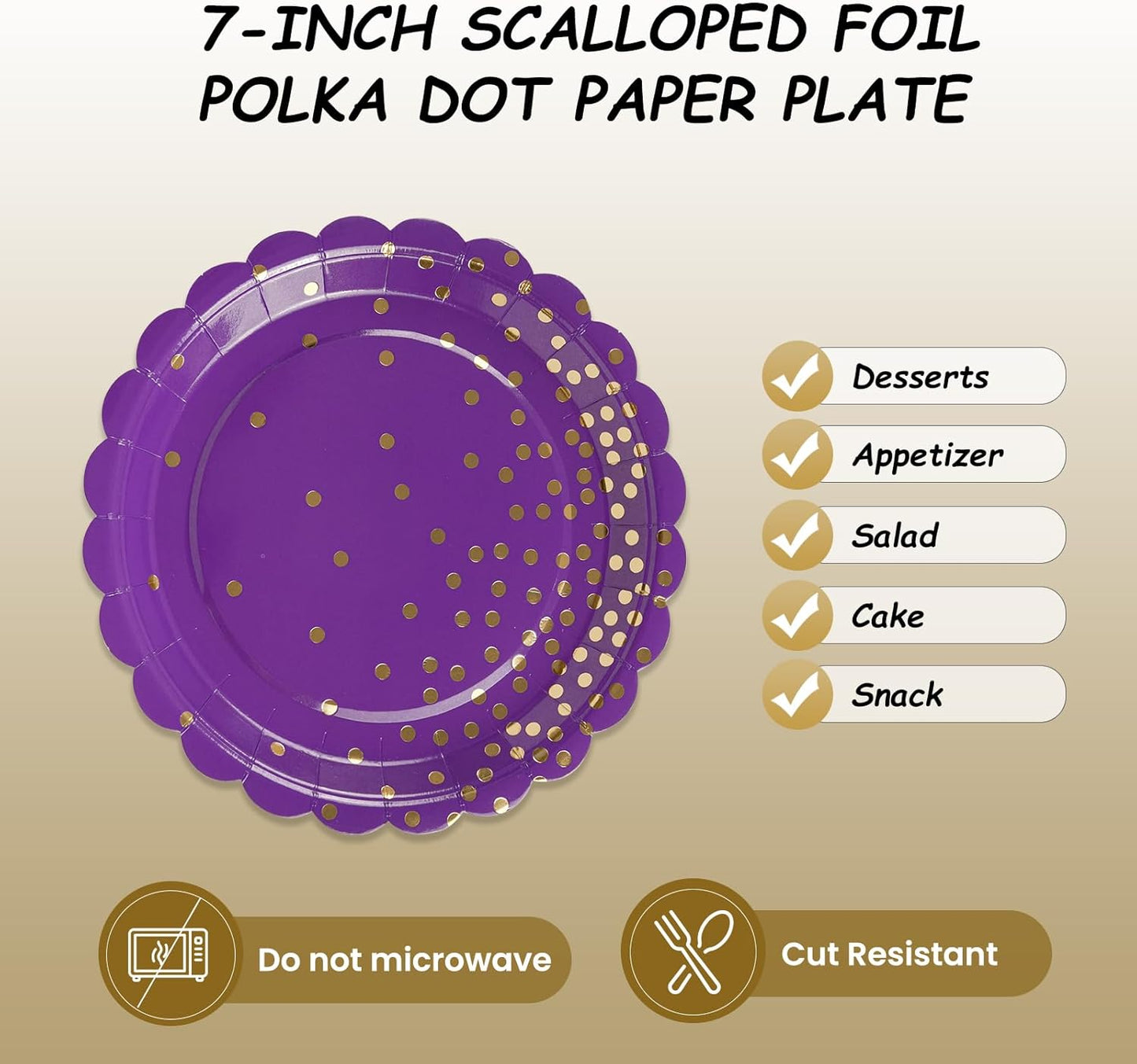50PCS Purple Paper Plates, 7 Inch Scalloped Purple and Gold Party Plates Disposable Foil Polka Dots Dessert Plate Cake Plate for Wedding Baby Shower Birthday Anniversary Bachelorette Dinner BBQ
