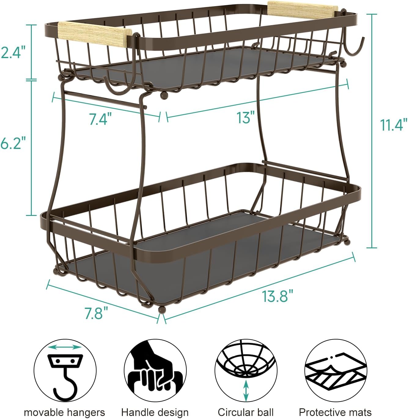 2 Tier Fruit Basket for Kitchen Counter with 2 Banana Hangers, 2025 Pro Detachable Metal Fruit Bowl with Wooden Handle,Fruit Holder for Bread Snack Veggies, Brown