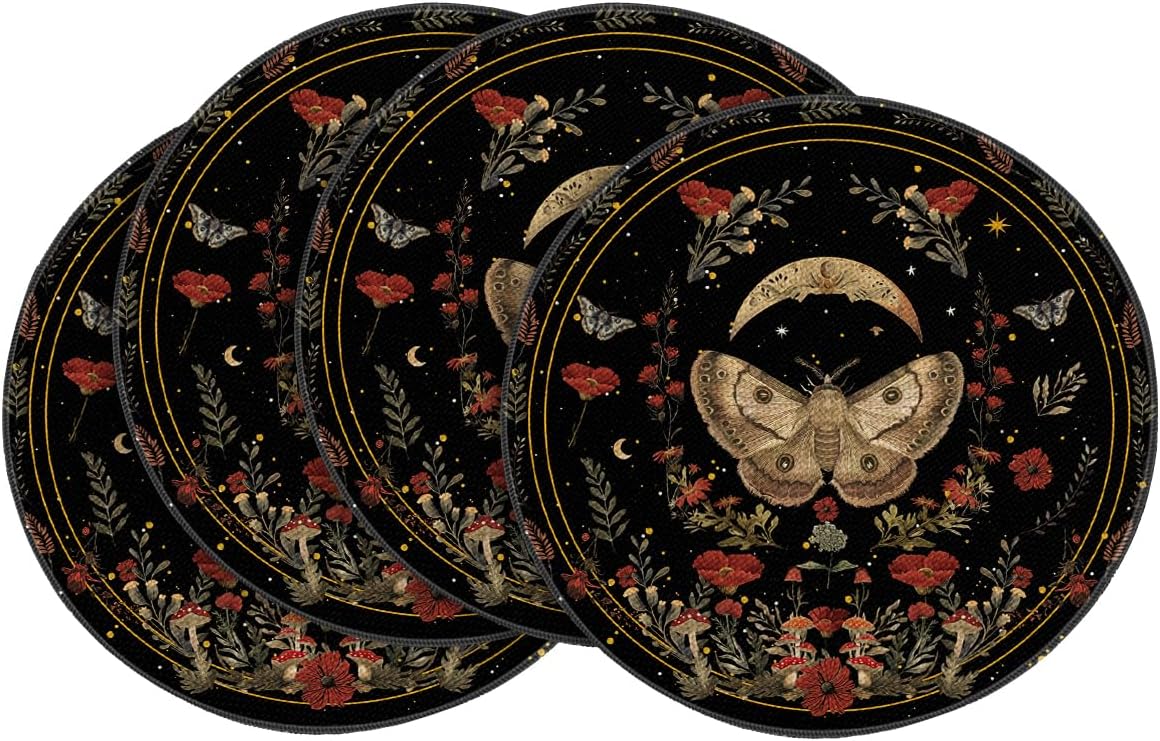 Artoid Mode Black Poppy Moth Moon Round Placemats Set of 4, 14 Inch Floral Spring Round Table Mats for Party Kitchen Dining Decoration