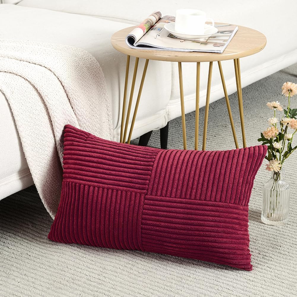 Fancy Homi 2 Packs Burgundy Long Lumbar Decorative Throw Pillow Covers 12x24 Inch for Couch Bed Sofa, Rustic Farmhouse Boho Home Decor, Soft Striped Corduroy Rectangle Accent Cushion Case 30x60 cm