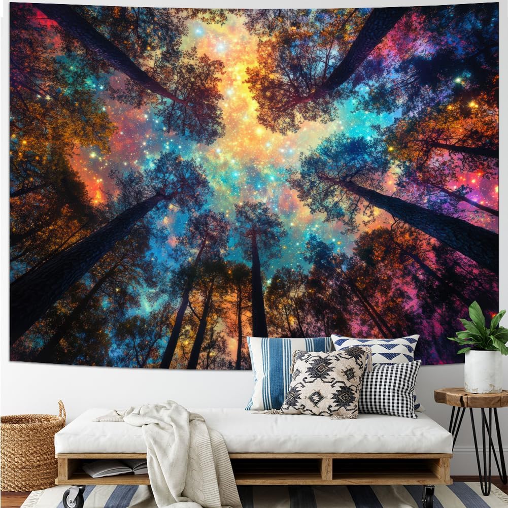 Amhokhui Colorful Forest Tapestry Nature Landscape Tapestry Mysterious Sky Tapestries Psychedelic Aesthetic Starry Night Tapestries Trippy Galaxy Space Wall Hanging Decor for Home