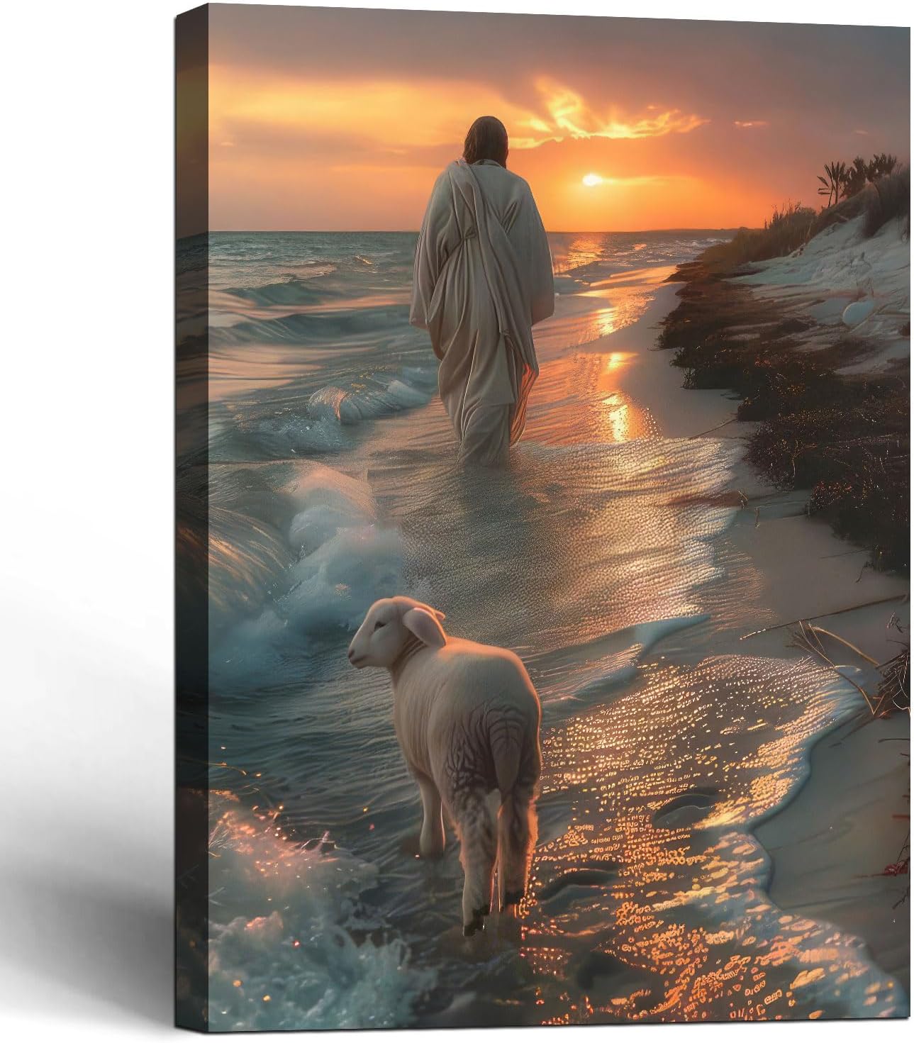 Framed Canvas Jesus and the Lamb Walking on the Beach Wall Decor Wall Art Gallery Decor Unique Print Wall Decor for Living Room Bedroom Church Home Decor 12x16 Inch Ready to Hang