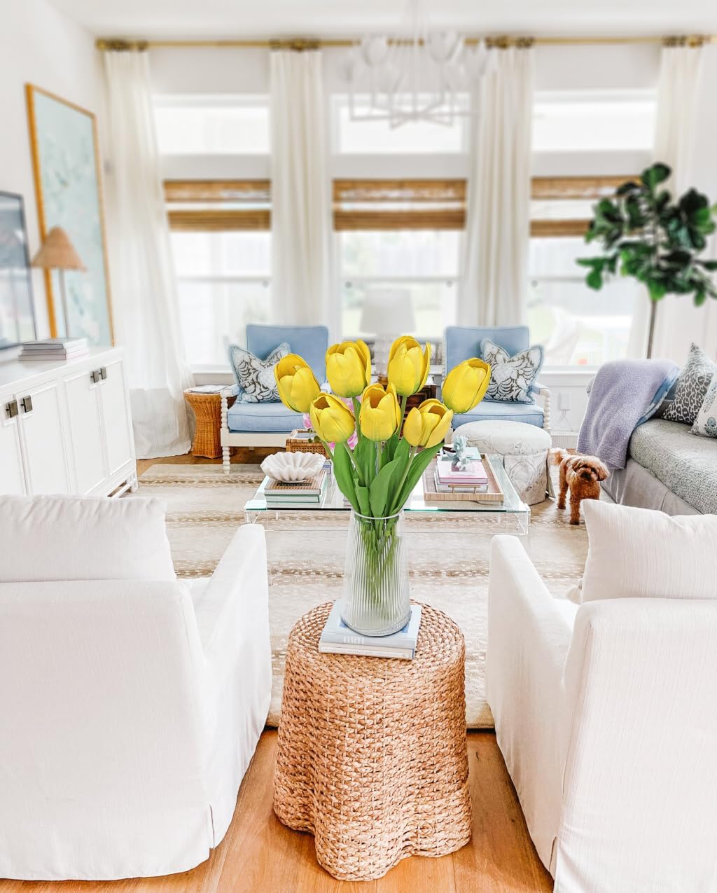 Artificial Tulips Flowers – 24" Long Stem Faux Tulips, 7PCS Real Touch Fake Yellow Tulip for Vase, Farmhouse, Kitchen, Spring & Wedding Home Decor