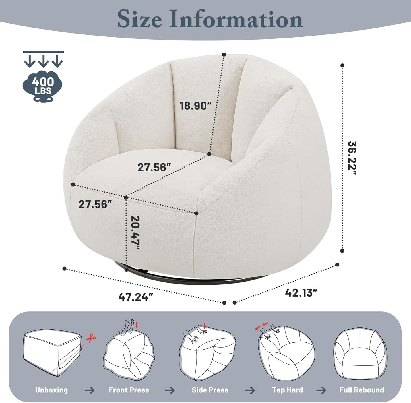 Giant Bean Bag Swivel Chair for Adults - Comfy Plush Round Shell Soft Accent Chair, Oversized Cozy Floor Sofa for Living Room, Bedroom & Game Rooms, Beige