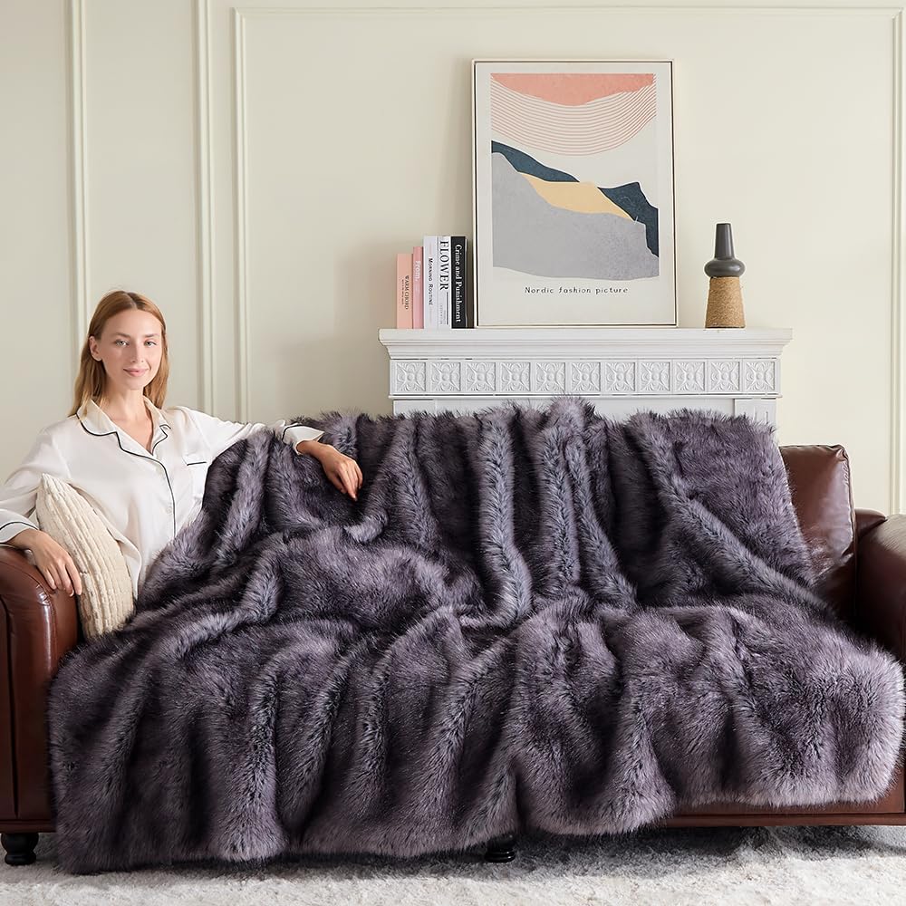 Fluffy Faux Fur Throw Blanket – Super Soft Warm Thick Plush Blanket for Bed, Couch & Office, Cozy Fuzzy Throw with Flannel Backing,108"x90", Grey