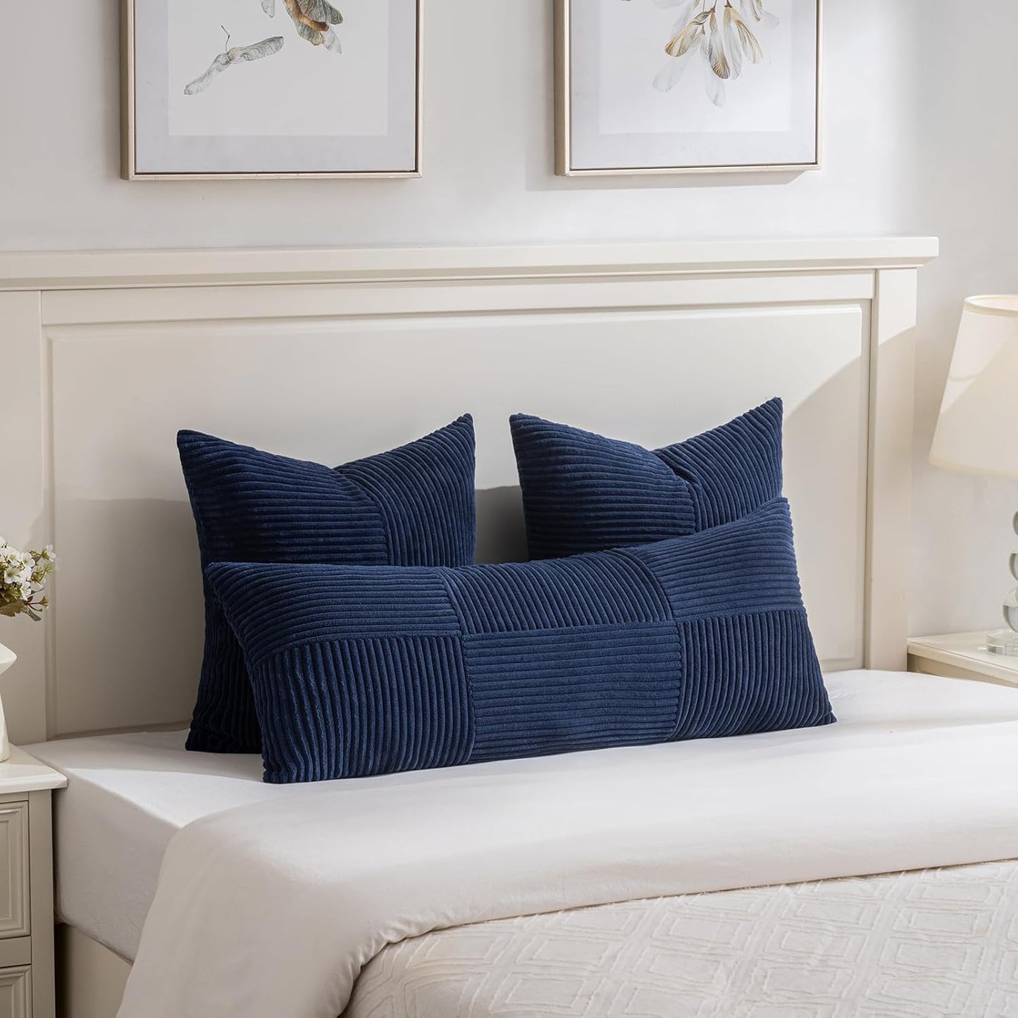 Fancy Homi 2 Packs Navy Blue Decorative Throw Pillow Covers 18x18 Inch for Living Room Couch Bed, Rustic Farmhouse Boho Home Decor, Soft Corss Corduroy Patchwork Textured Square Cushion Case 45x45 cm