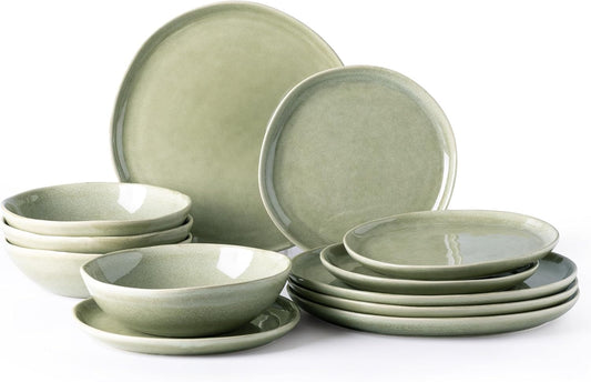 AmorArc Ceramic Dinnerware Sets,Handmade Reactive Glaze Stoneware Plates and Bowls Set,Highly Scratch Resistant | Dishwasher & Microwave Safe Dishes Set,Service for 4 (12pc)